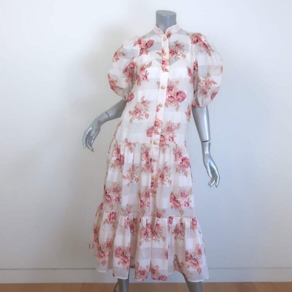 Zimmermann Rosa Striped Belted Tiered Midi Dress Cream Floral Print Size 0 - Picture 3 of 8